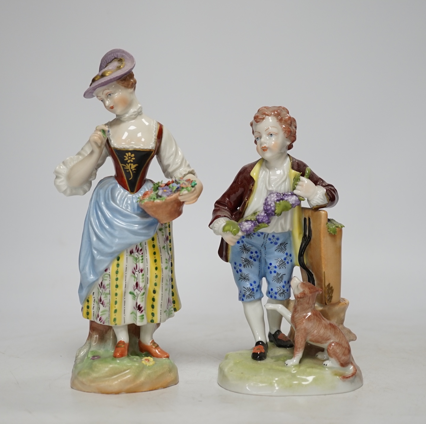 Two Dresden porcelain figures, tallest 19cm. Condition - fair to good